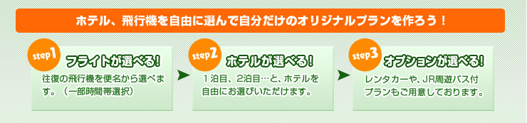 ホテル、飛行機を自由に選んで自分だけのオリジナルプランを選ぼう